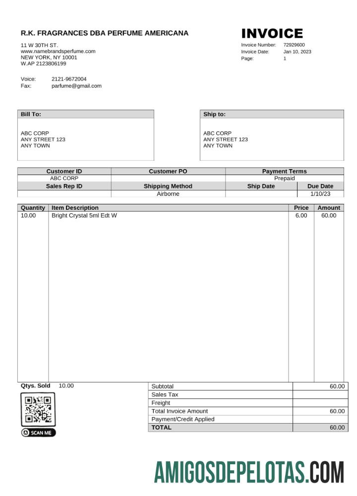 em branco EUA R. K. Fragrâncias DBA Perfume Americana Fatura Word e Modelo PDF